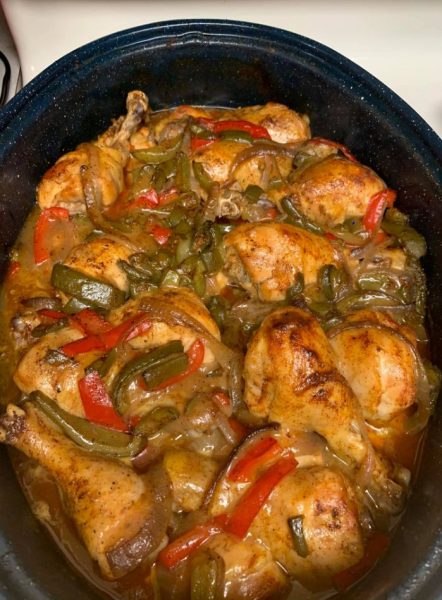 Baked chicken with onions, red & green peppers