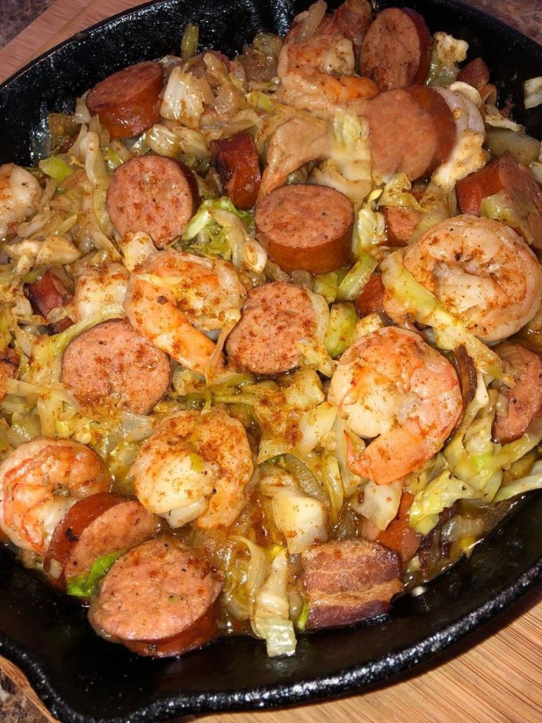 "Delicious Loaded Cabbage Recipe with Bacon, Shrimp, and Andouille Sausage"