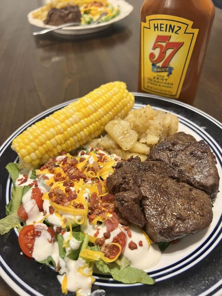 Filet Mignon Potatoes and onions, salad