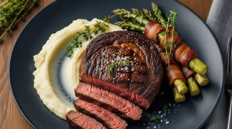 Steak with Bacon-Wrapped Asparagus & Buttered Mash