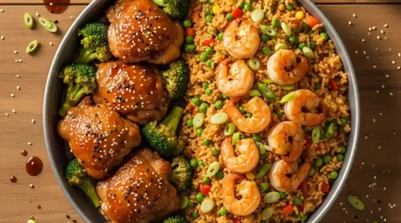 Teriyaki Chicken & Cajun Butter Shrimp with Veggie Fried Rice