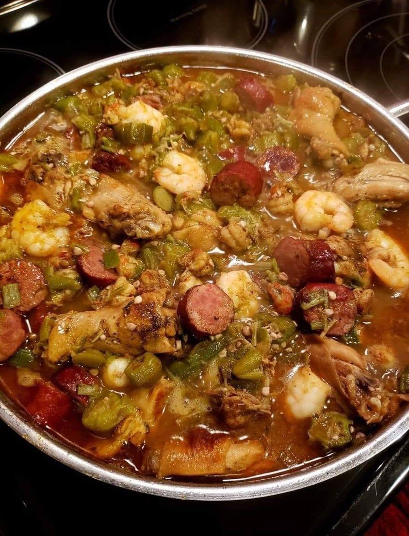 Okra stew with chicken, sausage, shrimp and crawfish tails
