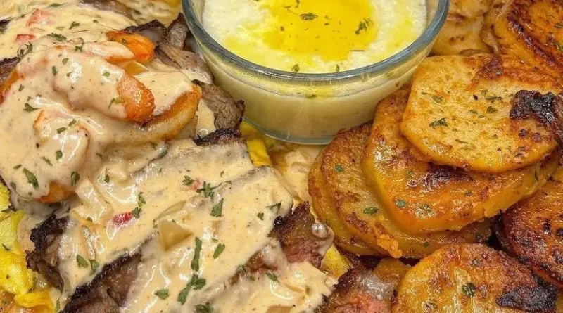 Shrimp and Steak Omelet, Smothered Onions and Potatoes, Grits, and Biscuits Recipe