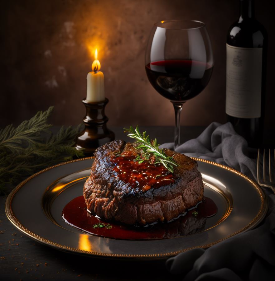 A plate of steak with red wine sauce and vegetables, perfect for a Valentine'