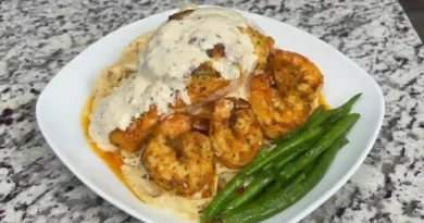 "Crab Stuffed Salmon and Shrimp over Fettuccine Alfredo Pasta, and Garlic Pepper Broccolini Recipe"