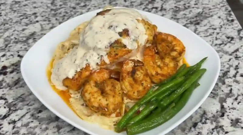 "Crab Stuffed Salmon and Shrimp over Fettuccine Alfredo Pasta, and Garlic Pepper Broccolini Recipe"