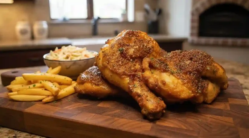 A plate of golden brown, extra crispy honey baked chicken
