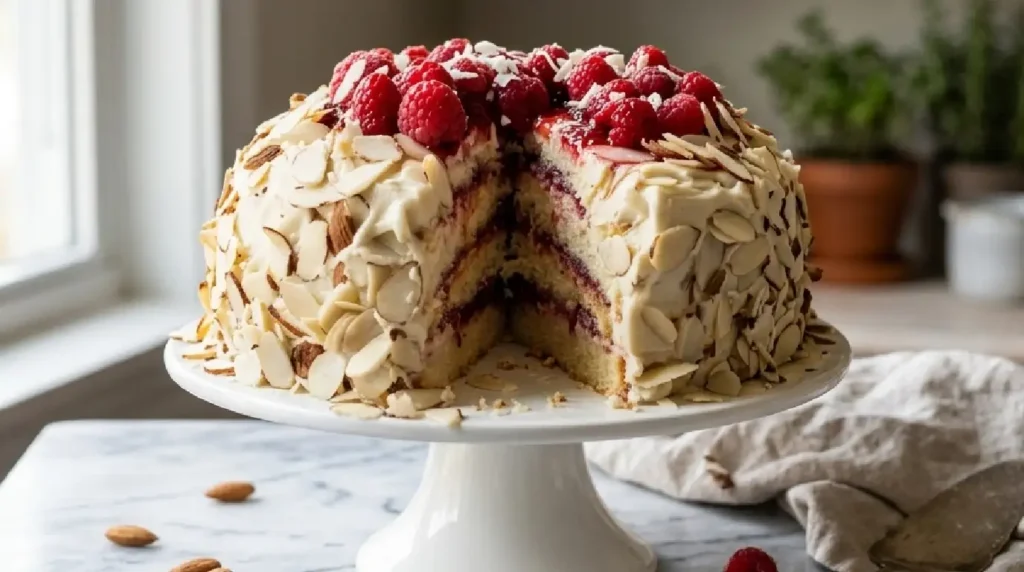 Almond Raspberry Cake with White Chocolate Amaretto Buttercream
