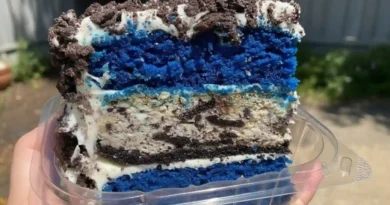 Closeup of a Blue Velvet Oreo Cheesecake Cake with Oreo crumbs on top