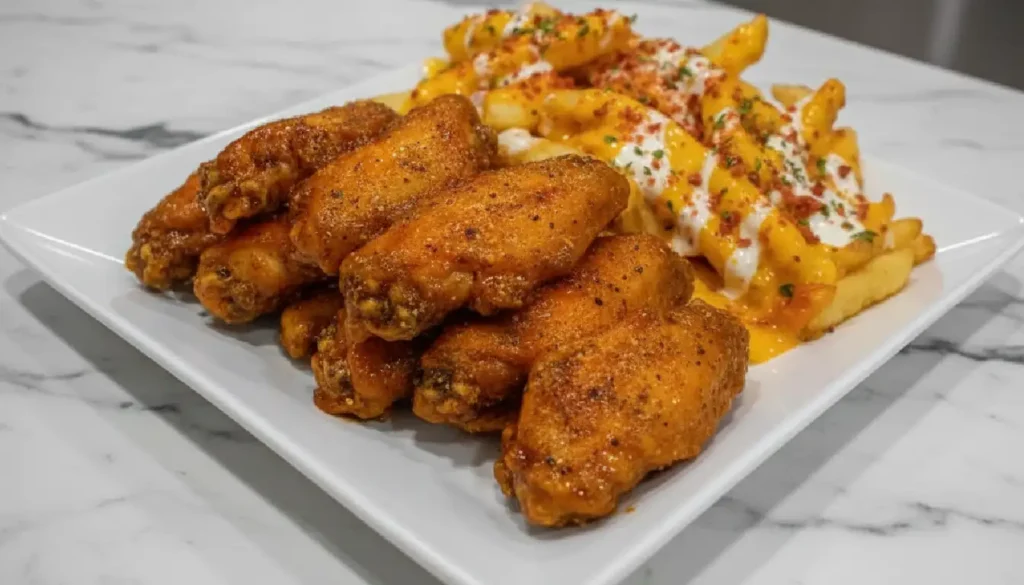 Plate of lemon pepper hot wings with a side of bacon cheese fries
