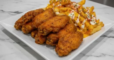 Plate of lemon pepper hot wings with a side of bacon cheese fries