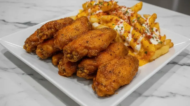 Plate of lemon pepper hot wings with a side of bacon cheese fries
