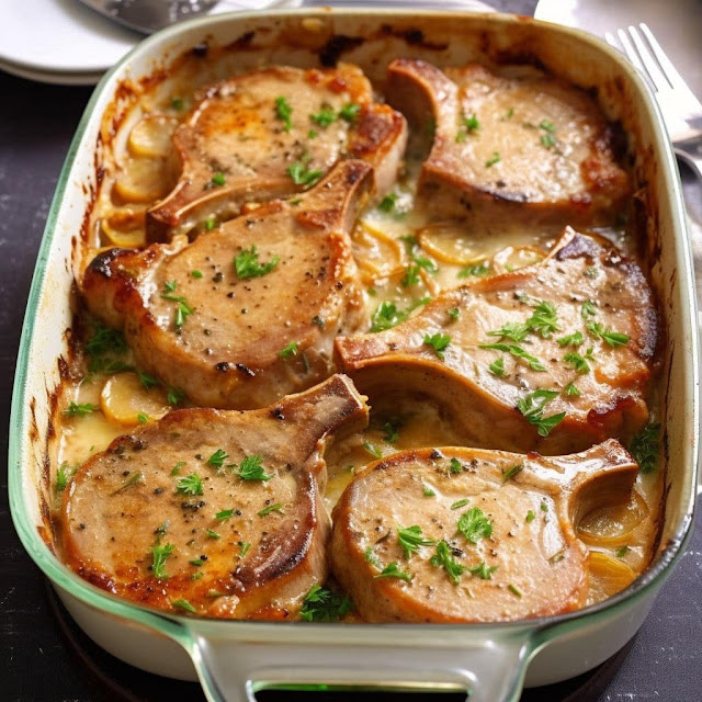 "Perfectly seared pork chops resting on a bed of golden scalloped potatoes, showcasing a culinary masterpiece."