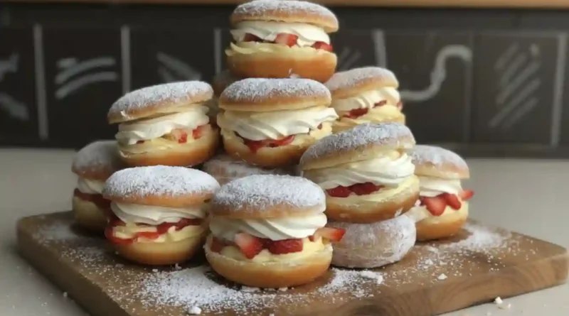 "Delightful Strawberry Bombs with Cream Filling and Garnish"
