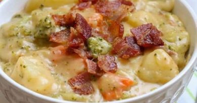 Delicious Loaded Broccoli, Cheese, & Potato Soup served in a bowl, topped with crispy bacon pieces.