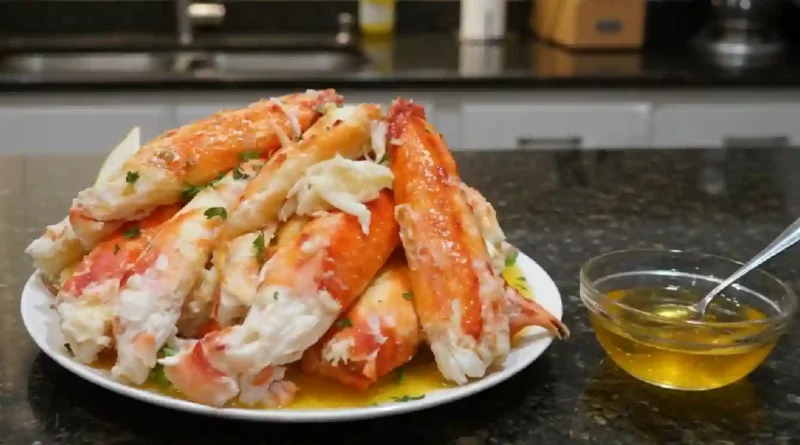 "Golden brown Fried King Crab Legs with Garlic Butter on a plate, showcasing the crispy exterior and tender Alaskan King Crab meat inside."