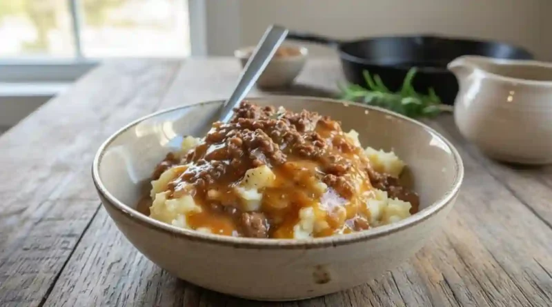 Ground Beef and Gravy Over Mashed Potatoes