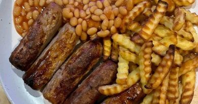 Sausage with Chips and Beans - A gourmet dish showcasing premium sausages, crispy golden chips, and flavorful simmered beans.