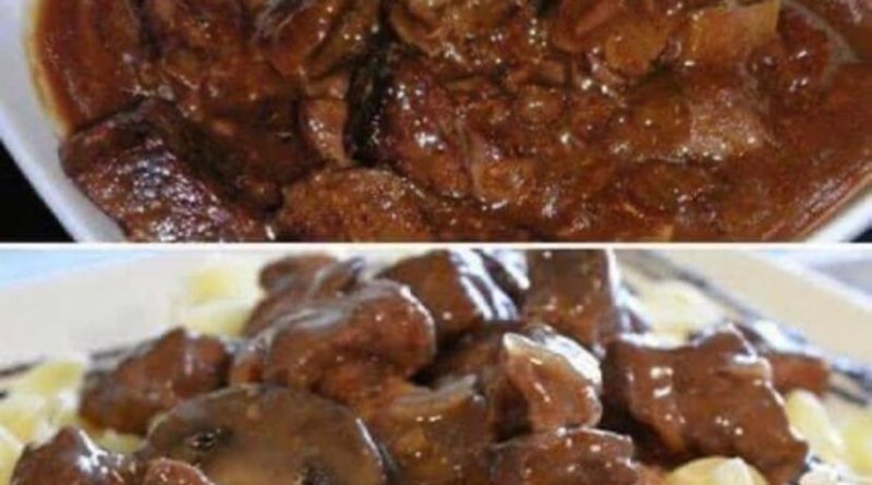 Slow Cooker Beef Tips: Succulent sirloin steak strips in a savory mushroom and onion medley, slow-cooked to perfection