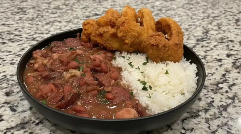 Plate of crispy chicken wings nestled on fluffy white rice alongside a bowl of red beans in a rustic setting.