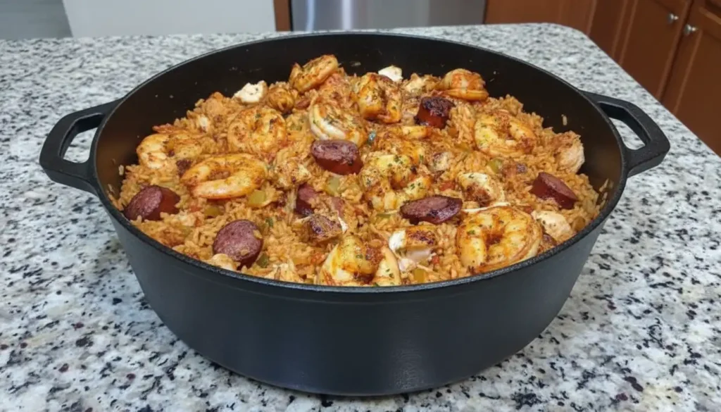 A pot of homemade jambalaya with chicken, sausage, and shrimp being spooned out of a pot
