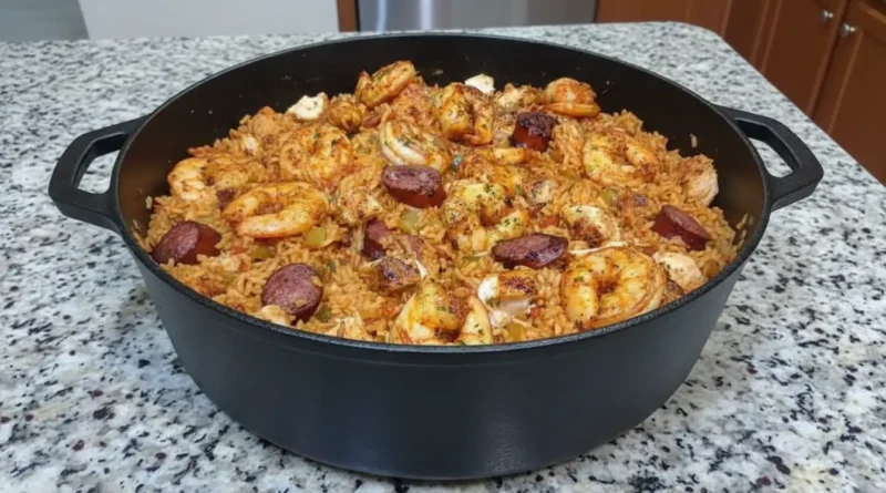 A pot of homemade jambalaya with chicken, sausage, and shrimp being spooned out of a pot