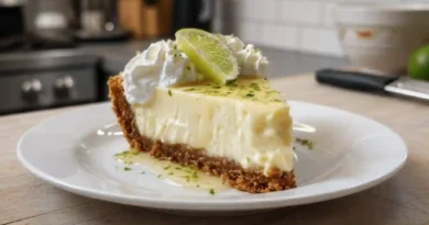 Close-up slice of key lime pie with whipped cream and lime wedge.