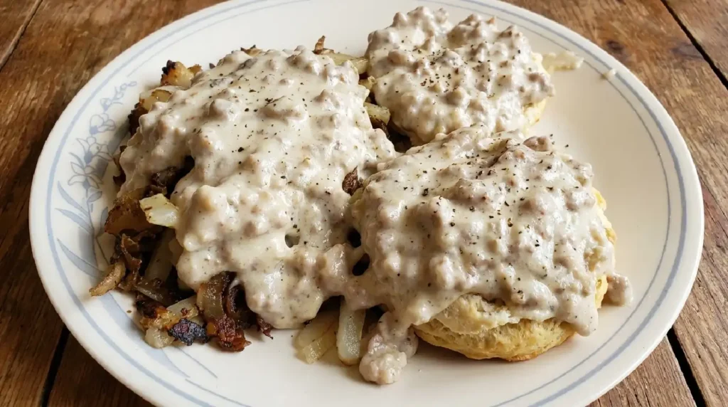 Sausage Gravy over Fresh Biscuits and Fried Taters and onions