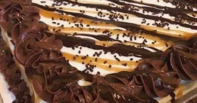 Image of a moist chocolate cake with layers of chocolate cake and caramel sauce dripping down the sides.