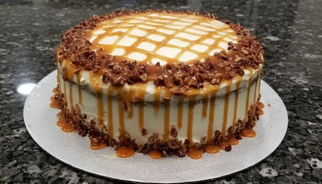 A slice of buttered pecan caramel cake on a plate