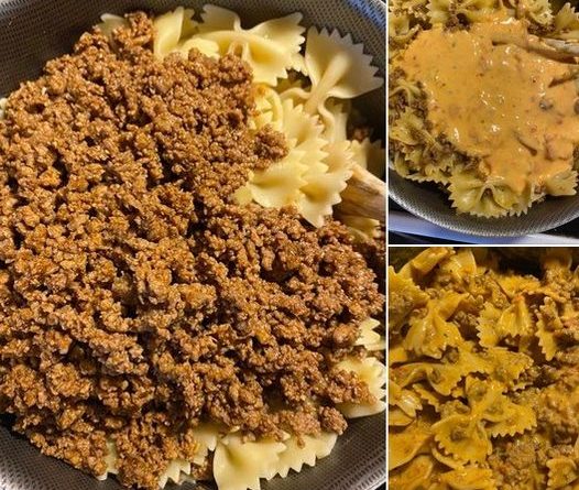 Cheesy Taco Pasta in a red pot with ground beef, shells, tomatoes, and melted cheese.