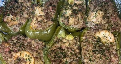 New Orleans Stuffed Bell Peppers on a baking sheet, ready to be enjoyed.