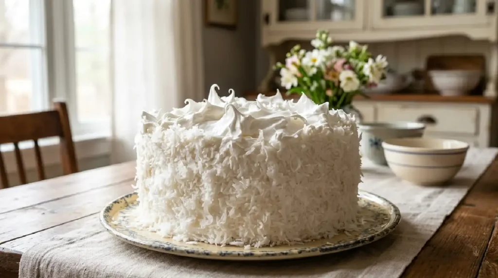 A cross-section of a Coconut Cake with Seven-minute Frosting, showing the soft layers of cake and creamy seven-minute frosting.