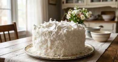A cross-section of a Coconut Cake with Seven-minute Frosting, showing the soft layers of cake and creamy seven-minute frosting.