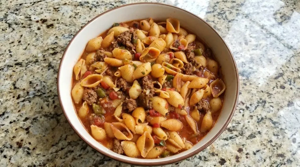 "Delicious Pasta Shells with Ground Beef served in a white baking dish"