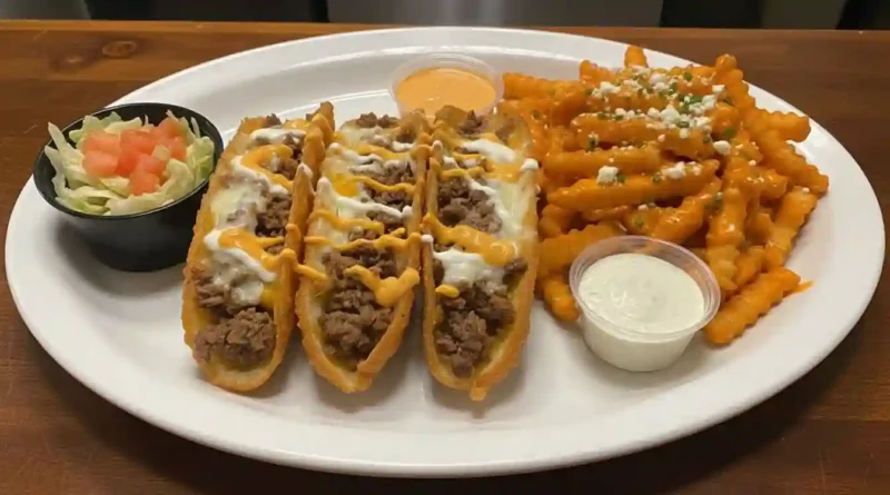 A plate of Cheese Steak Tacos with Buffalo Fries, garnished with cilantro and lime wedges
