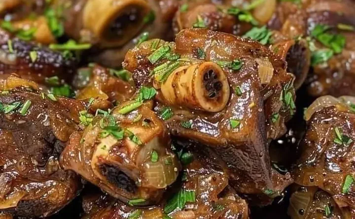 A hearty plate of braised oxtails garnished with fresh herbs and served with mashed potatoes.