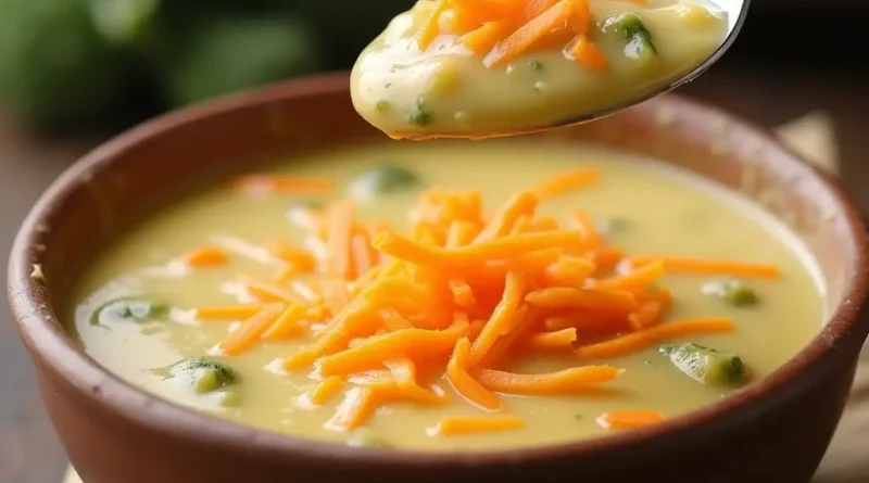 Crock Pot Broccoli Cheddar Soup recipe served in a bowl, garnished with fresh broccoli and cheddar cheese.