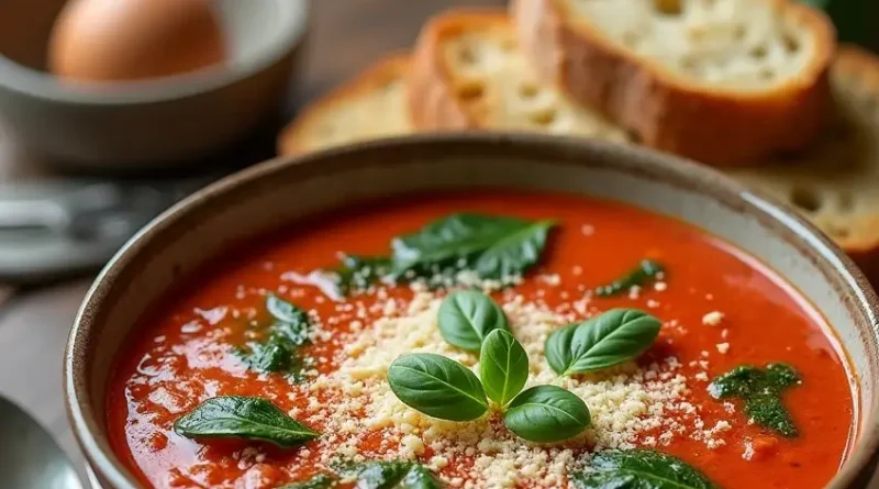 A hearty bowl of Tomato Florentine Soup garnished with fresh spinach and Parmesan cheese