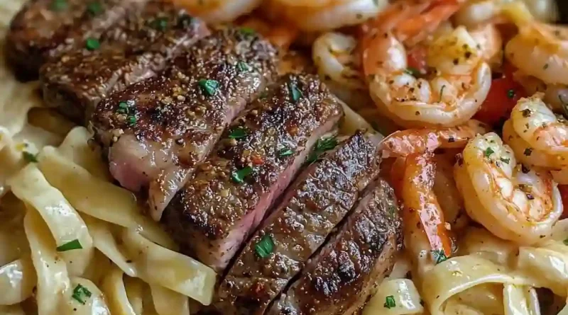 Cajun Shrimp Chicken and Steak Alfredo Pasta
