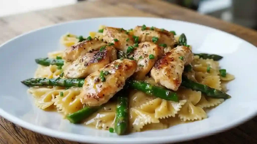 Lemon Garlic Chicken with Asparagus Creamy Bowtie Pasta