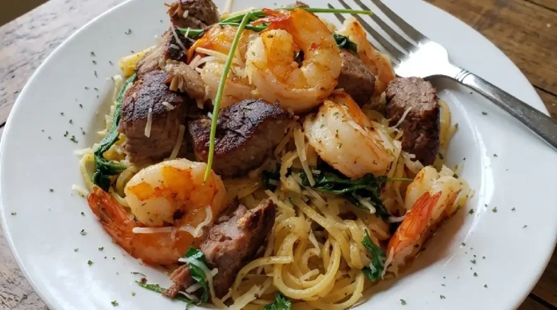 Steak and Shrimp Pasta with Roasted Asparagus on a plate with grated Parmesan cheese on top