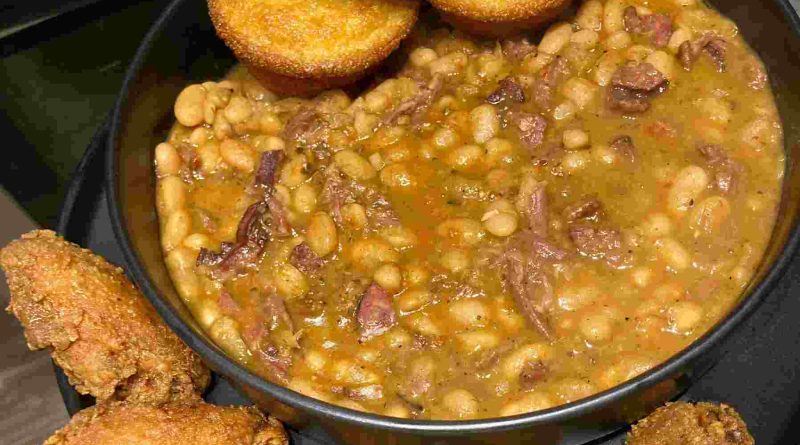 Great Northern Beans with Smoked Turkey, Beef Sausage, Cornbread, and Cajun Wings Recipe