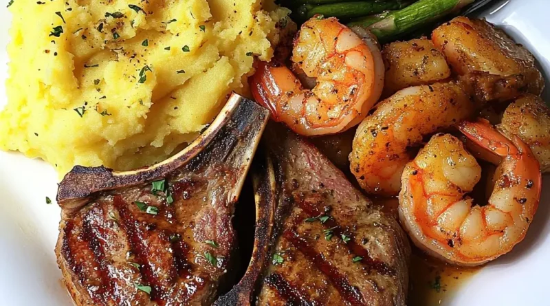 Grilled Lamb Chops, Garlic Butter Shrimp, Mashed Potatoes, Asparagus, and Yellow Rice