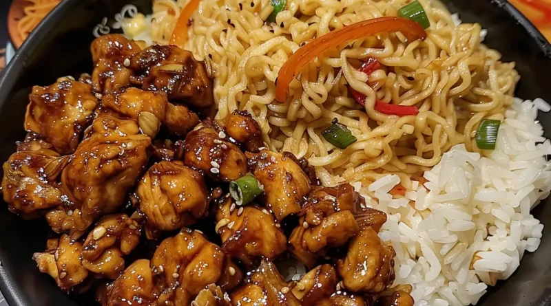 Honey Pepper Chicken with Lo Mein & Steamed Rice