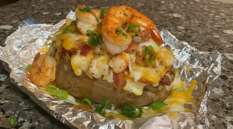 Loaded Seafood Baked Potato with Creamy Cajun Shrimp Sauce - A plate of golden-brown baked potatoes topped with succulent shrimp and a luscious Cajun-infused creamy sauce