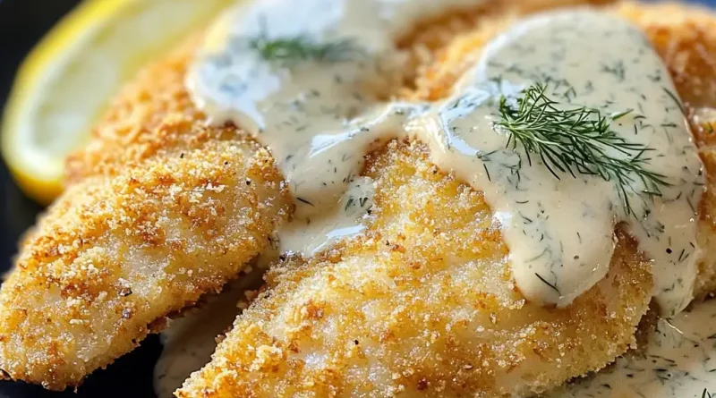 breaded Florida softshell catfish fillets with lemon and dill sauce