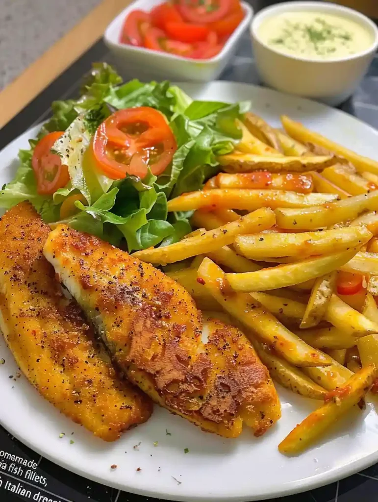 Hand-Cut Homemade Fries, Tilapia Fish Fillets, and Garden Salad with Italian Dressing Recipe