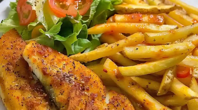 Hand-Cut Homemade Fries, Tilapia Fish Fillets, and Garden Salad with Italian Dressing Recipe