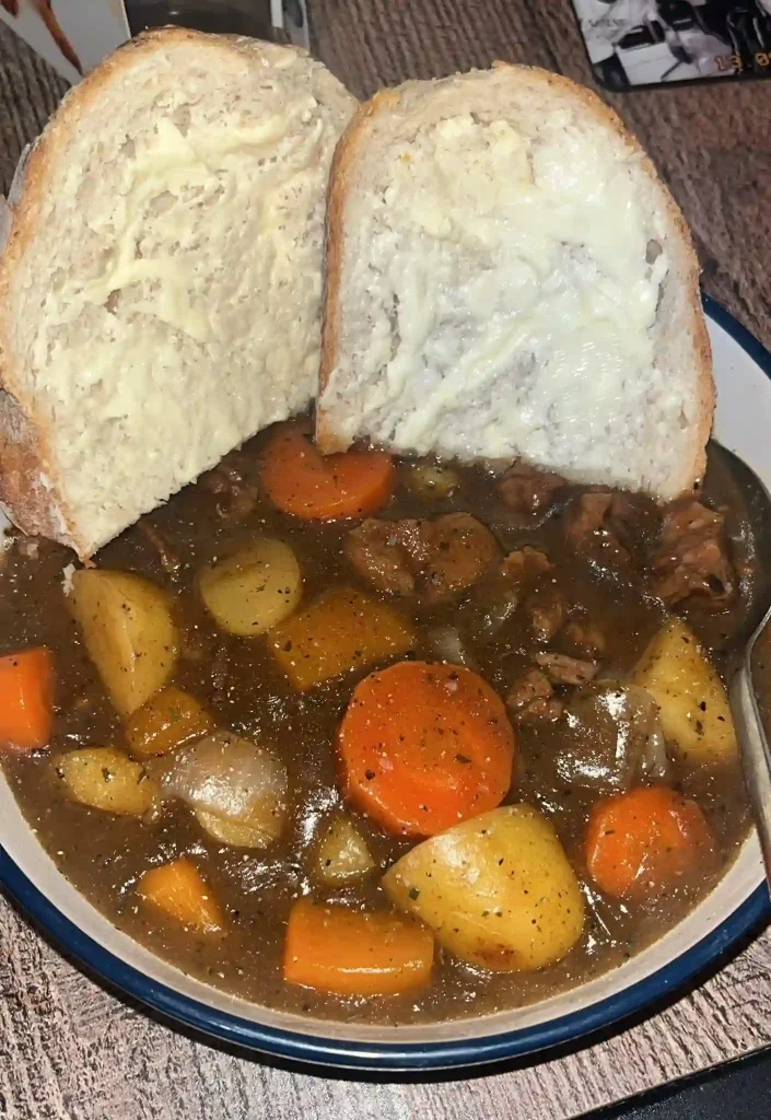 Homemade Lamb stew with fresh thick cut bread and butter